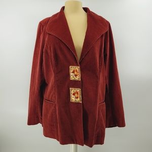 Soft Surroundings Embroidered Corduroy Jacket Size XL Dark Red